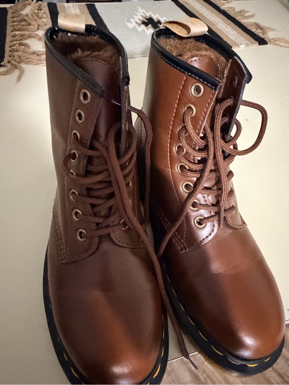 Dr. Martens Women's Brown Leather Lace-Up Faux Fur lined Ankle Boots